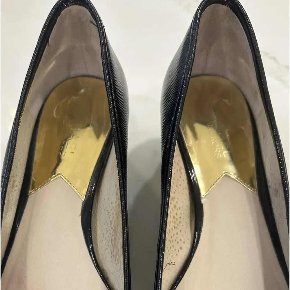 Michael Kors Kiera Mid Pumps Black Patent Leather Bow Toe Gold Logo Heels Sz 8M